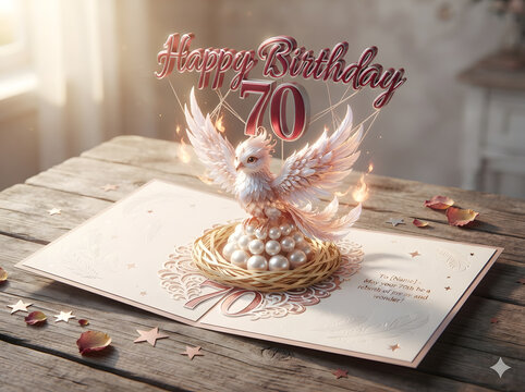 Happy 70th Birthday card pop up style with phoenix