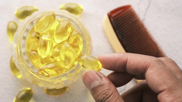 Hand picks hair vitamin capsule from jar top view with comb nearby