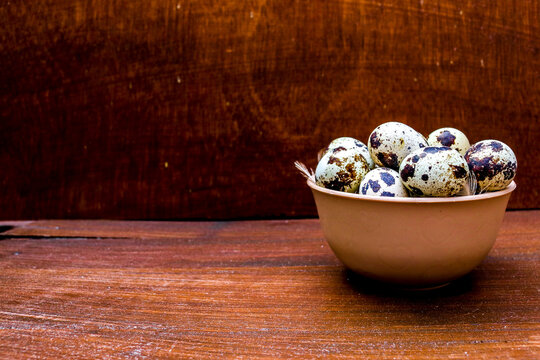 Side view of a collection of speckled quail eggs surrounded by soft quail feathers in a brown bowl on a wooden background