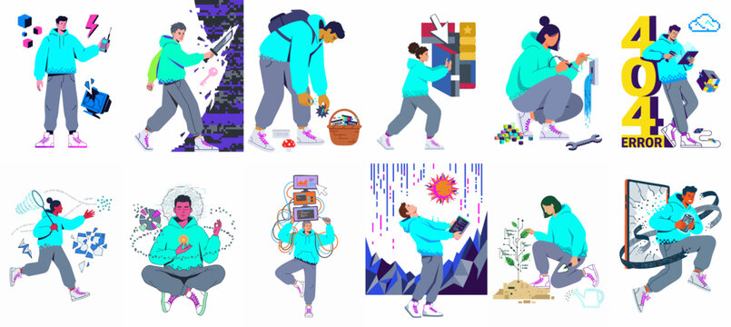 Collection of flat vector illustrations depicting people interacting with technology, software development, digital concepts, and electronic devices in a modern artistic style.
