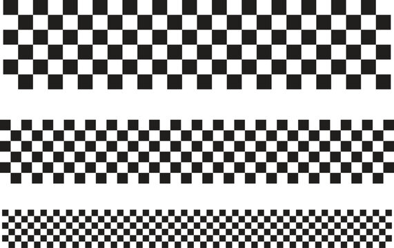 Checkered flag border icon set. Motorsport finish line banner speed symbol. Competition track start finish line pattern.
