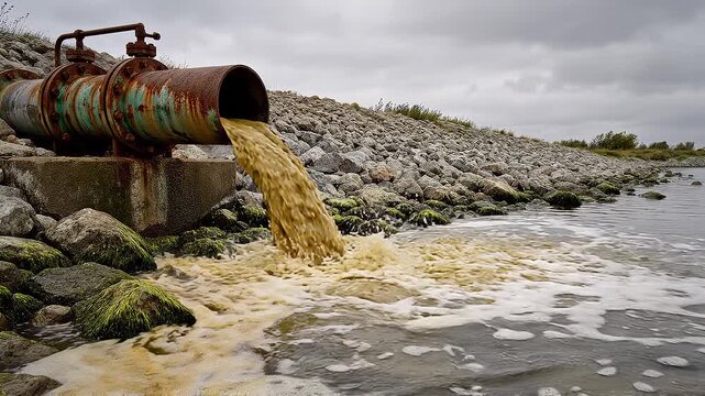 Industrial pipe discharging heavily polluted wastewater directly into a natural river, causing environmental damage and ecological hazard