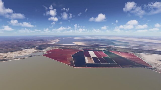 Side aerial drone view of Makgadikgadi Salt Pans. Central District. Botswana