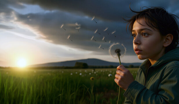 Thoughtful boy holding a dandelion as windblown seeds drift across a green meadow at a sunset, with dramatic clouds, warm golden light, distant mountains and generous copy space for seasonal concepts.