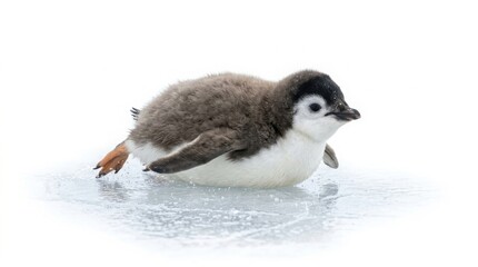 Fototapeta premium Fluffy emperor penguin chick sliding on the ice in a snowy habitat with baby penguin icy habitat polar bird young penguin antarctic bird wildlife animal snowy background ice surface wild bird