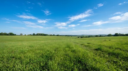 Obraz premium Scenic landscape with a lush green field under a vibrant blue sky with fluffy white clouds on a sunny day