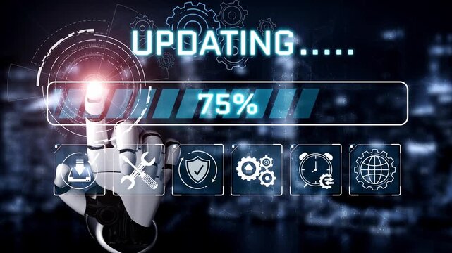 High-Tech Robotic Hand Interacting with Digital Interface During Software Update Process on Futuristic Background Sigmoid