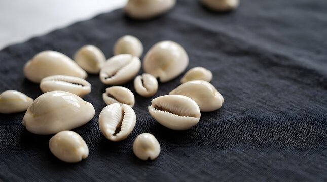 Cowrie Shells Scattered on Dark Cloth for Divination Concept