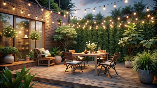A garden patio with string lights and wooden furniture
