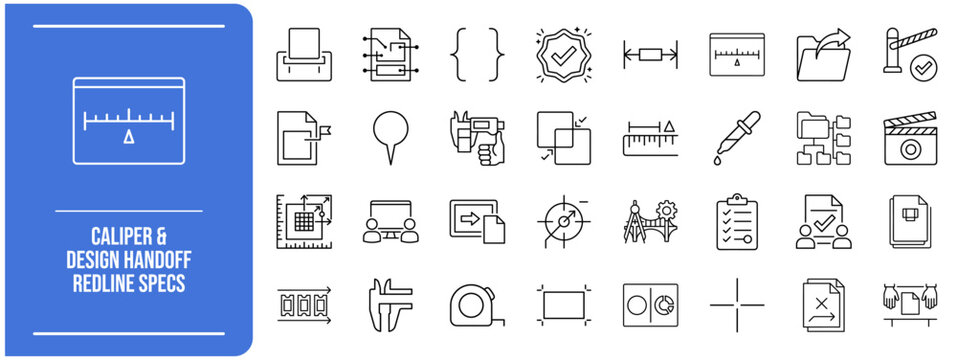 Caliper & Design Handoff Redline Specs icon set. Vector UI-UX and Interface Systems symbols for design handoff redline specs and UI design.