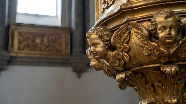 Gold Leaf Carving Detail on Baroque Altar Screen in Portuguese Church