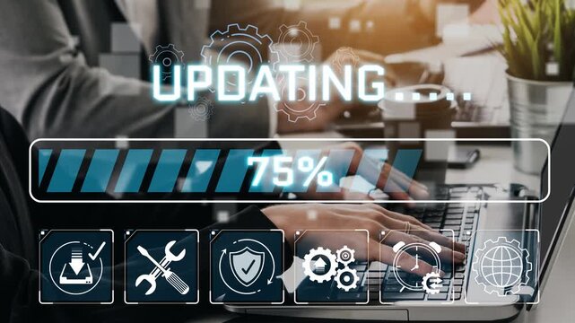 Modern Businessperson Hands Typing on Laptop with Loading Update Progress Bar and Technical Icons on Screen in Contemporary Office Environment Sigmoid