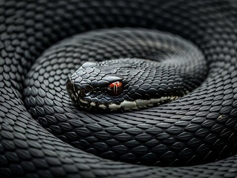 Close-up of a coiled black viper snake with piercing red eyes, its scales detailed and textured