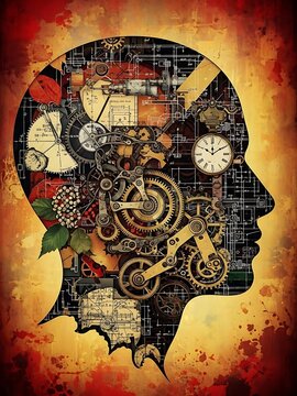 Steampunk silhouette of a human head filled with intricate gears, clocks, and blueprints