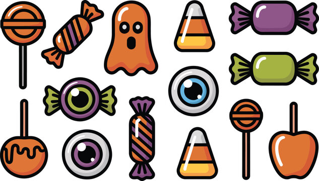 Assorted halloween candy and sweets icons including lollipops and eyeballs
