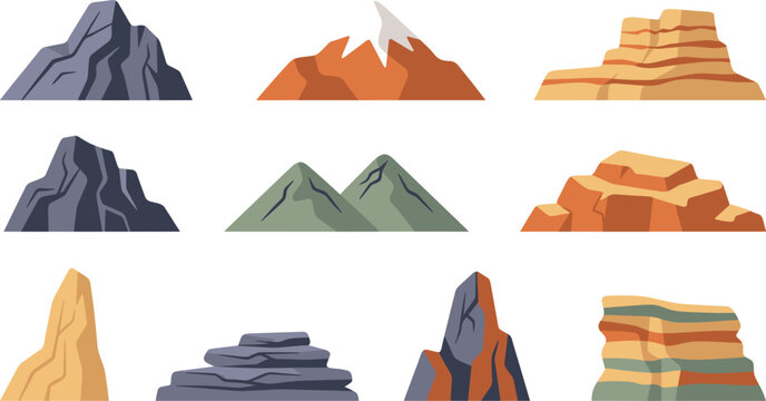 Mountain Peak and Desert Rock Formation Vector Set Featuring Canyon Buttes, Snowy Hills, and Geological Textures for Game Design and Outdoor Backgrounds