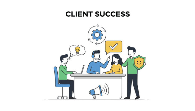 Client success business team working at an office table with technical support, customer care, and data security protection.