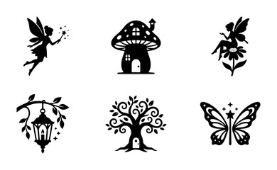Fototapeta premium Enchanted Fairy Icons, Magical Woodland Elements, Whimsical Nature Graphics, Fantasy Vector Set
