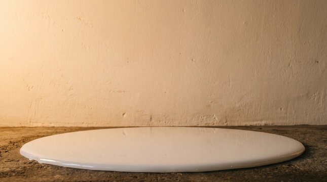 Viscous white liquid spill spreading on concrete floor against textured beige plaster wall.