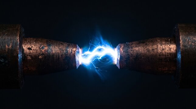 Electrical arc between two copper electrodes close up energy.