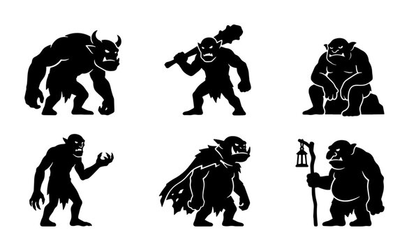 Troll Silhouettes Collection: Fantasy Creatures, Mythical Monsters, Folklore Characters, Vector Icons