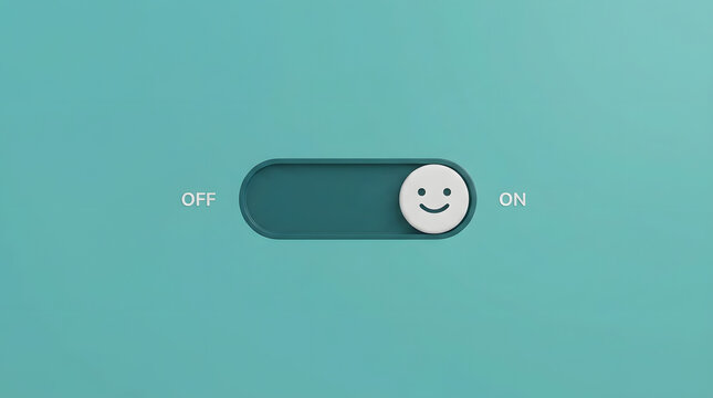 A 3d toggle switch set to the on position with a happy face icon with digital toggle