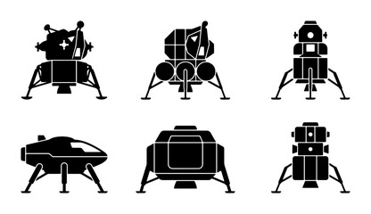 Space Lander Icons, Lunar Module Silhouettes, Sci-Fi Craft Vector Set, Cosmic Exploration Graphics © Boby