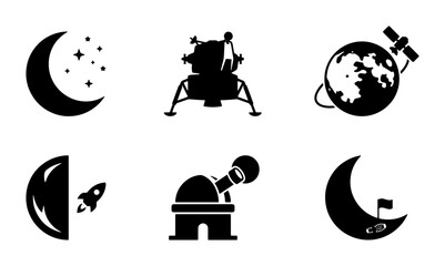 Space Icons: Moon, Rocket, Satellite, Lunar Lander, Observatory, Celestial Objects © Boby