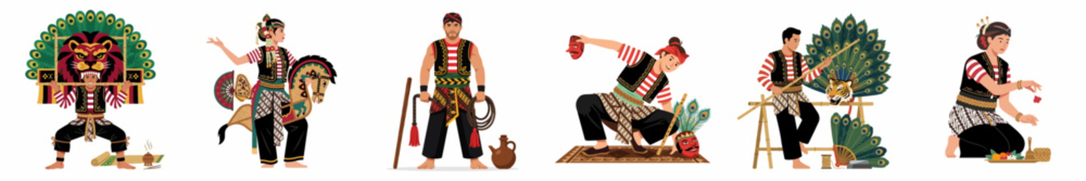 Collection of Illustrations Featuring Reog Ponorogo Dancers and Cultural Figures from East Java Indonesia Set Against a White Background