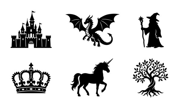 Fantasy Icons: Castle, Dragon, Wizard, Crown, Unicorn, Tree of Life Vector Set