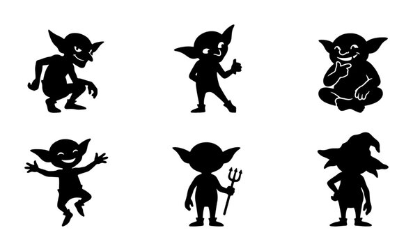 Six Black Silhouette Goblins, Fantasy Creatures, Mischievous Characters, Vector Icons