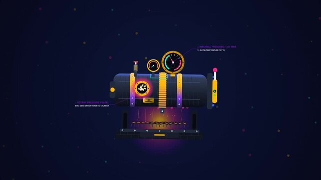 Educational infographic animation illustrating the food science behind the manufacturing process of puffed rice, featuring pressure vessel decompression and flash boiling steam expansion