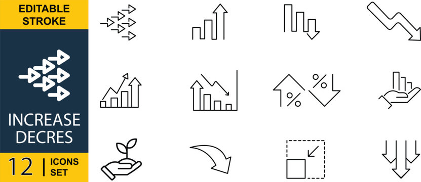 Business growth and decline line icons, 12 increase and decrease vector symbols, financial market trend arrows and bar charts for data analysis
