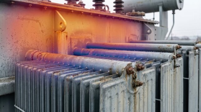 electrical transformer cooling system Old industrial transformer with rust and weathering effects in close-up view