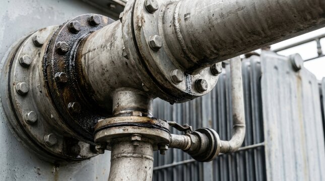 electrical transformer cooling system Close-up of rusty industrial metal pipe with bolts and flanges
