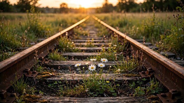 White Daisies Growing on Abandoned Rusty Railway Tracks at Golden Sunset in Overgrown Field 