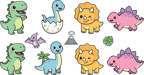 Cute Baby Dinosaur Vector Icon Collection Featuring Tyrannosaurus Rex Triceratops Stegosaurus Brachiosaurus Hatching Egg Volcano and Palm Leaf for Kids Cartoon Designs © MstMonira