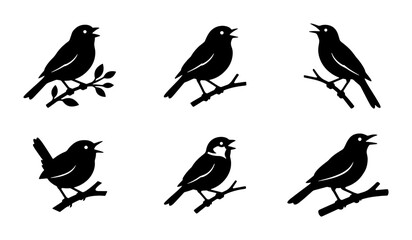 Fototapeta premium Chirping Bird Silhouettes Set, Vector Icons, Nature Elements, Songbird Graphics