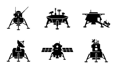 Space Lander Icons, Lunar Module Silhouettes, Rocket Craft Vector Set, Sci-Fi Exploration Graphics © Dhriti