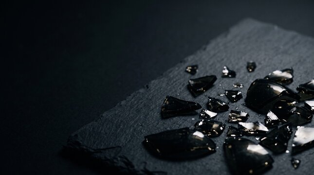 Broken black glass shards scattered on dark slate surface for conceptual damage design.