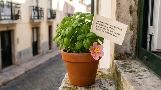Basil Pot with Paper Poem Flag Tradition for Saint Anthony in Lisbon