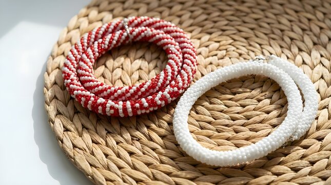 Beaded Necklaces in Orisha Colors Arranged on Woven Mat