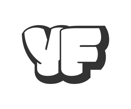 YF logo, bubble comic lettering, rounded in graffiti style black and white silhouette. Trendy preschool Y and F letter text for festival party, personal initials, children funky print and web.