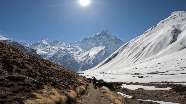 Footage of tourist while walking back from Annapurna base camp to foothills with the beautiful Machapuchare (Mt.Fish tail) mountain, Nepal.