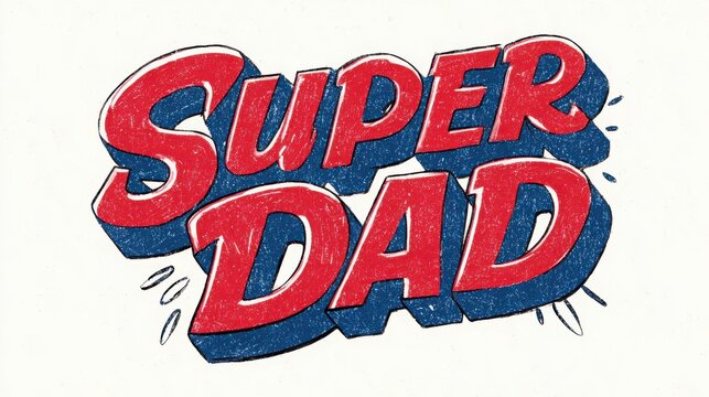 Super dad hand drawn lettering in a bold comic book style on a plain white background for father appreciation with shadow textured finish