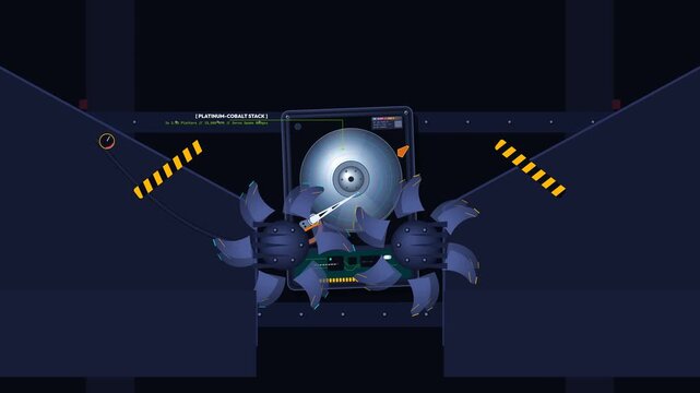 Animated infographic detailing the physical destruction of a computer hard drive in an industrial shredder highlighting secure data disposal and magnetic dipole disintegration
