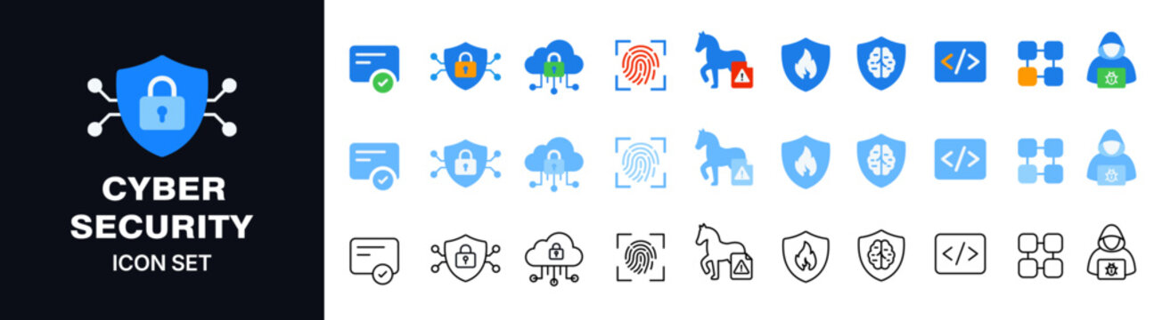 Cyber security color and line icons set featuring minimal vector symbols, modern outline style, and clean design. Perfect for apps, UI design, web security projects, tech interfaces, digital branding.