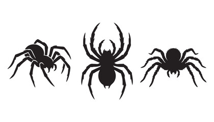 black color silhouette set of three spider vector illustration, solid white background © Potato