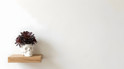 Fototapeta premium Matte white ceramic skull planter holding a dark purple aeonium succulent resting on a natural oak floating shelf against an off-white wall for quiet luxury modern Halloween concept[cite: 21]