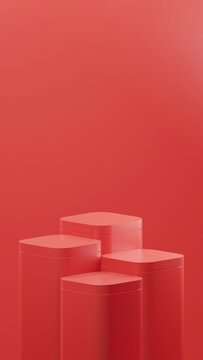 4 rectangular podiums with rounded corners. Luxurious cube podiums in Coral Red color. 4 podiums arranged randomly